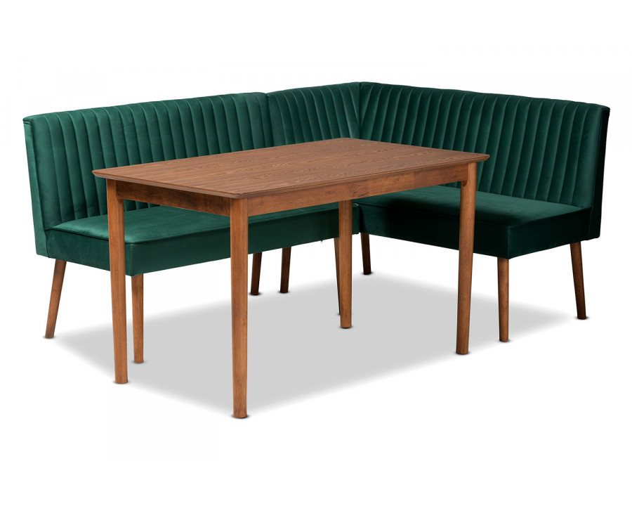 Baxton Alvis Mid-Century Modern 3-Piece Dining Nook Set - Emerald Green