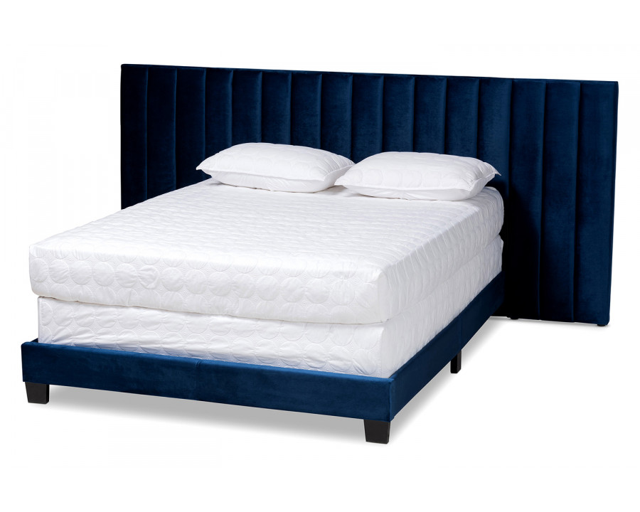 Baxton Fiorenza King Size Panel Bed with Extra Wide Channel Tufted Headboard - Navy Blue