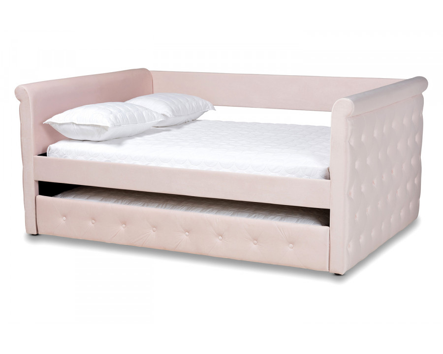 Baxton Amaya Modern Full Size Daybed with Trundle - Light Pink