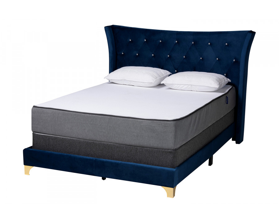 Baxton Easton Contemporary Glam Queen Size Panel Bed - Navy Blue Velvet