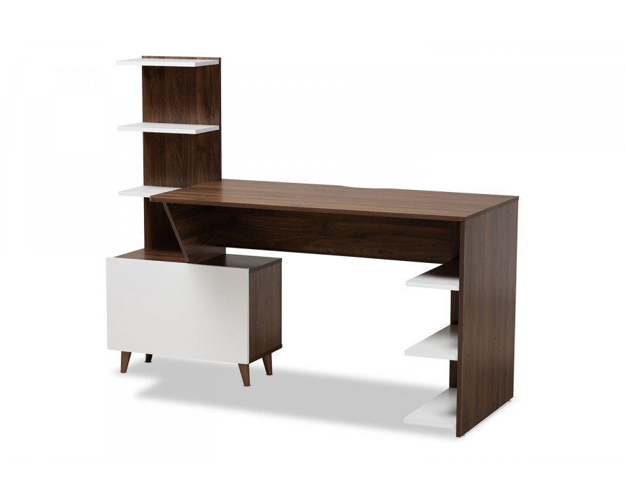 Baxton - Tobias Mid-Century Modern Storage Computer Desk with Shelves