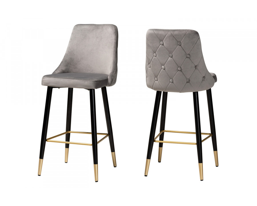 Baxton Giada Contemporary Glam 2-Piece Bar Stool Set - Gray Velvet