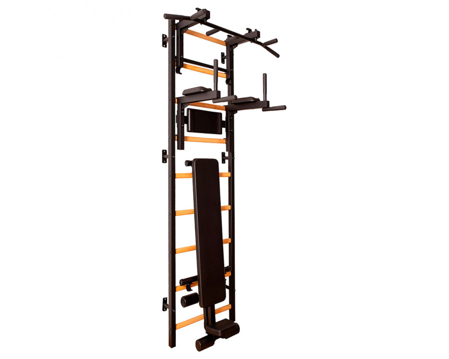 BenchK 733B Wall Bar with Convertible Pull-Up Bar, Dip Bar and Workout Bench - Black/Wood