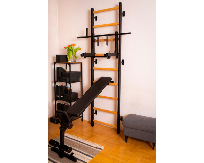 BenchK 733B Wall Bar with Convertible Pull-Up Bar, Dip Bar and Workout Bench - Black/Wood