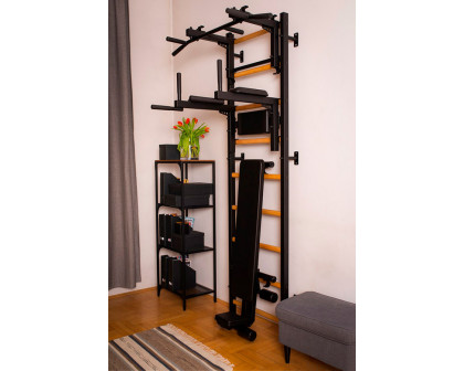 BenchK 733B Wall Bar with Convertible Pull-Up Bar, Dip Bar and Workout Bench - Black/Wood