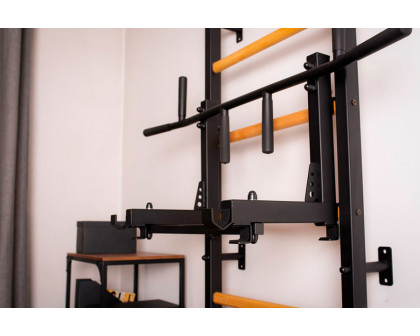 BenchK 733B Wall Bar with Convertible Pull-Up Bar, Dip Bar and Workout Bench - Black/Wood