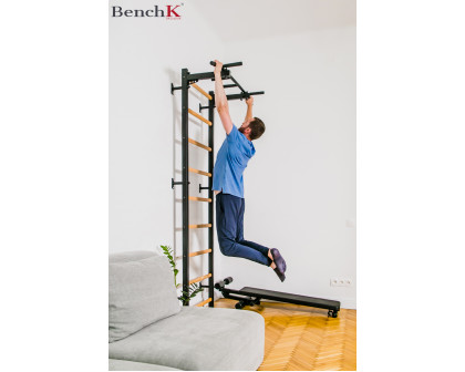 BenchK 721B+A076 Wall bar with Pull-Up Bar and Gymnastic Accessories - Black/Wood