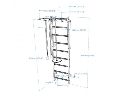 BenchK 721B+A076 Wall bar with Pull-Up Bar and Gymnastic Accessories - Black/Wood