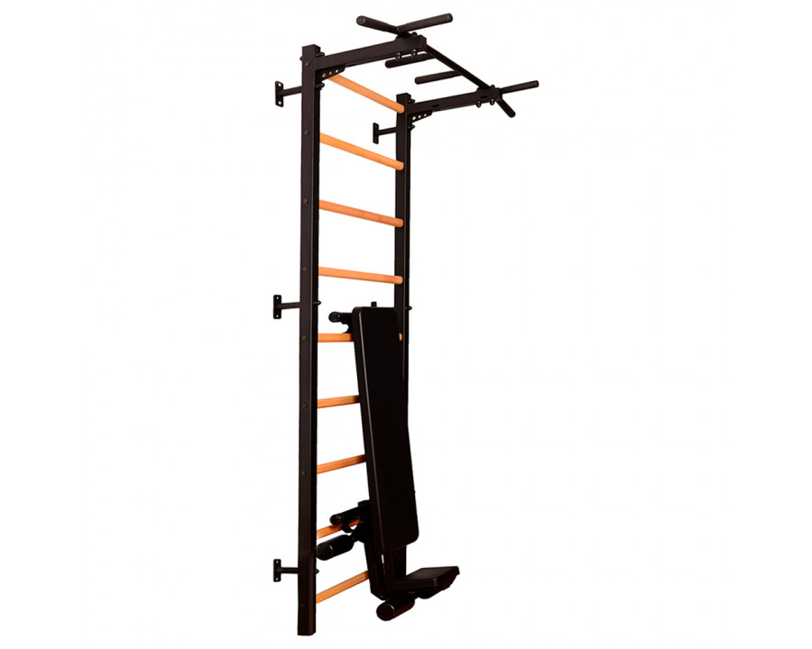 BenchK 723B Wall Bar with Pull-Up Bar, Dip Bar and Workout Bench - Black/Wood