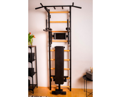 BenchK 723B Wall Bar with Pull-Up Bar, Dip Bar and Workout Bench - Black/Wood