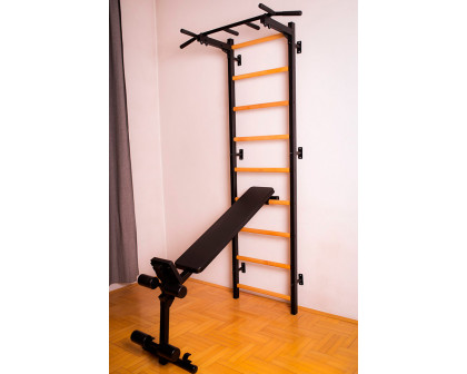 BenchK 723B Wall Bar with Pull-Up Bar, Dip Bar and Workout Bench - Black/Wood