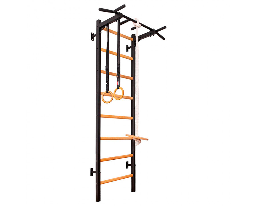 BenchK 221B+A076 Wall Bar with Fixed Pull-Up Bar and Gymnastic Accessories - Black/Wood