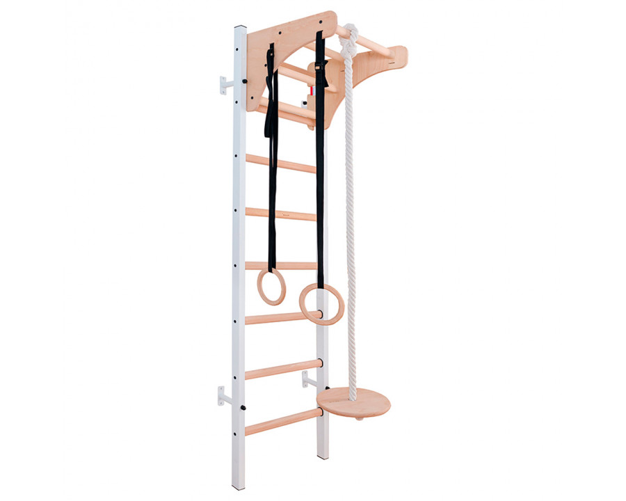 BenchK 211W+A204 Wall Bar with Pull-Up Bar and Gymnastic Accessories - White/Wood