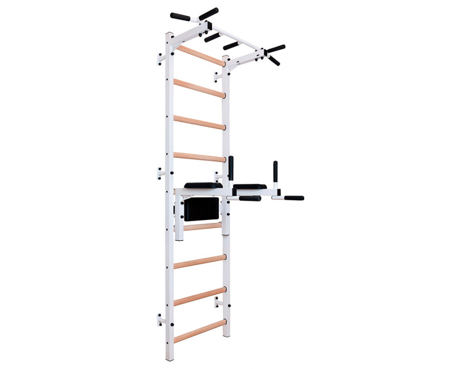 BenchK 722W Wall Bar with Pull-Up Bar and Dip Bar - White/Wood