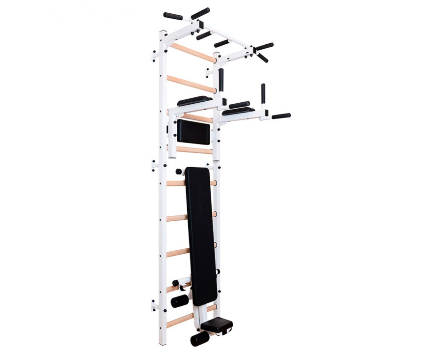 BenchK 723W Wall Bar with Pull-Up Bar, Dip Bar and Workout Bench - White/Wood