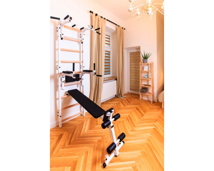 BenchK 733W Wall Bar with Convertible Pull-Up Bar, Dip Bar and Workout Bench - White/Wood