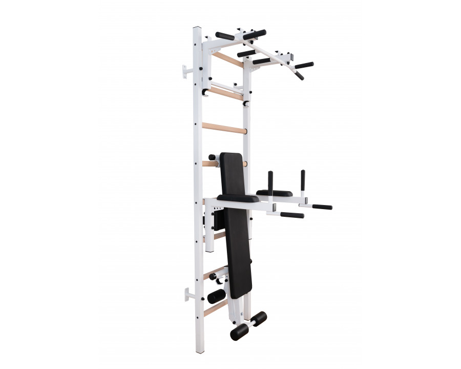 BenchK 233W Wall Bar with Convertible Pull-Up Bar, Dip Bar and Workout Bench - White/Wood