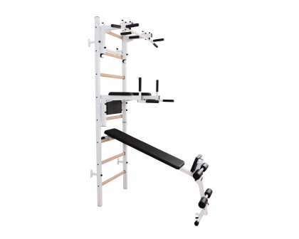 BenchK 233W Wall Bar with Convertible Pull-Up Bar, Dip Bar and Workout Bench - White/Wood