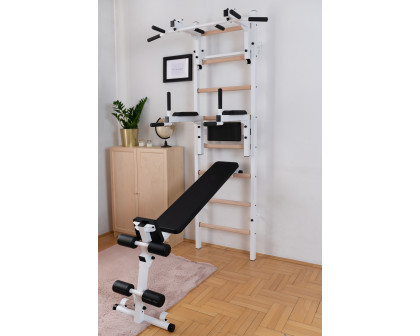 BenchK 233W Wall Bar with Convertible Pull-Up Bar, Dip Bar and Workout Bench - White/Wood