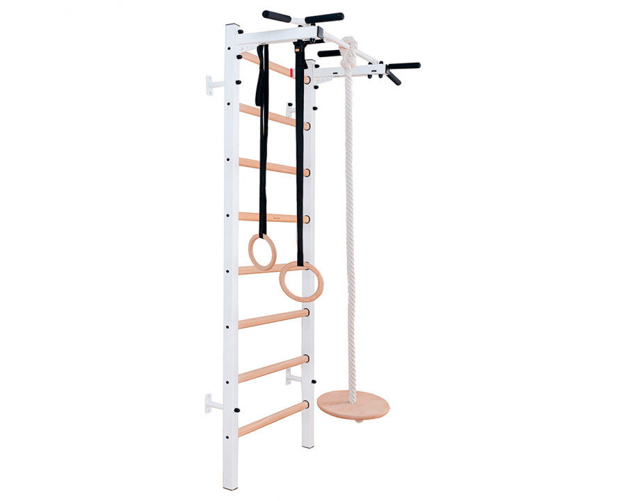 BenchK 221W+A204 Wall Bar with Fixed Pull-Up Bar and Gymnastic Accessories - White/Wood