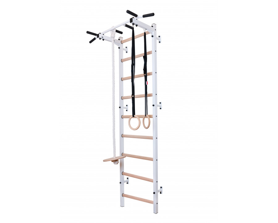 BenchK 721W+A204 Wall bar with Pull-Up Bar and Gymnastic Accessories - White/Wood