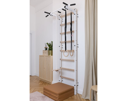 BenchK 721W+A204 Wall bar with Pull-Up Bar and Gymnastic Accessories - White/Wood