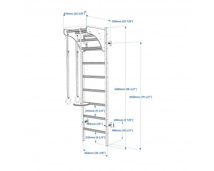 BenchK 212B+A076 Wall Bar with Pull-Up Bar, Benchtop and Gymnastic Accessories - Black/Wood