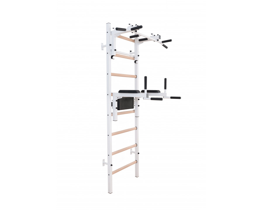 BenchK 232W Wall Bar with Convertible Pull-Up Bar and Dip Bar - White/Wood