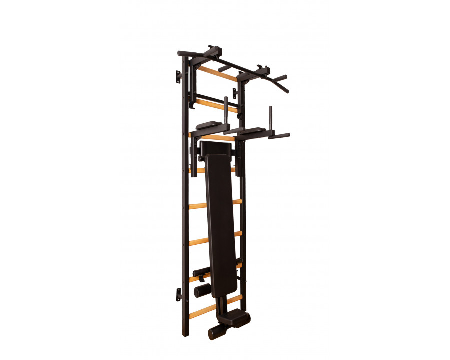 BenchK 233B Wall Bar with Convertible Pull-Up Bar, Dip Bar and Workout Bench - Black/Wood