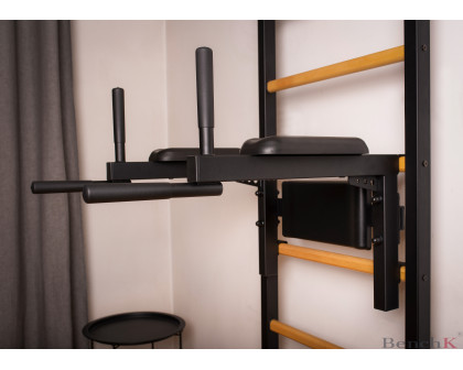 BenchK 233B Wall Bar with Convertible Pull-Up Bar, Dip Bar and Workout Bench - Black/Wood