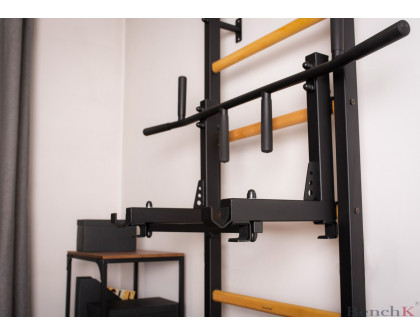 BenchK 233B Wall Bar with Convertible Pull-Up Bar, Dip Bar and Workout Bench - Black/Wood