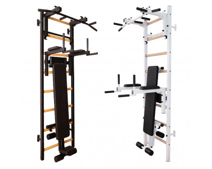 BenchK 233B Wall Bar with Convertible Pull-Up Bar, Dip Bar and Workout Bench - Black/Wood