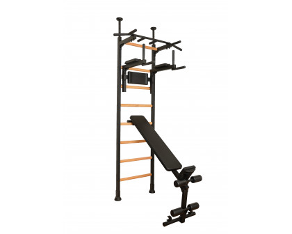 BenchK - 523 Wood Wall Bar with Pull-Up Bar, Dip Bar and Workout Bench