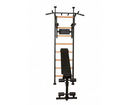 BenchK 523B Wall Bar with Pull-Up Bar, Dip Bar and Workout Bench - Black/Wood