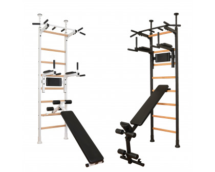 BenchK 523B Wall Bar with Pull-Up Bar, Dip Bar and Workout Bench - Black/Wood