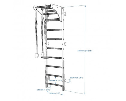 BenchK 711W+A204 Wall Bar with Pull-Up Bar and Gymnastic Accessories - White/Wood