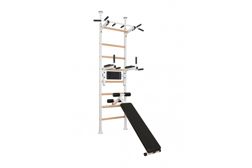 BenchK™ 523W Wall Bar with Pull-Up Bar, Dip Bar and Workout Bench - White/Wood