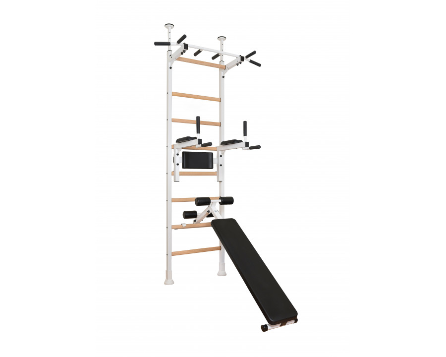 BenchK 523W Wall Bar with Pull-Up Bar, Dip Bar and Workout Bench - White/Wood