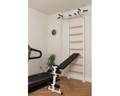 BenchK™ 523W Wall Bar with Pull-Up Bar, Dip Bar and Workout Bench - White/Wood