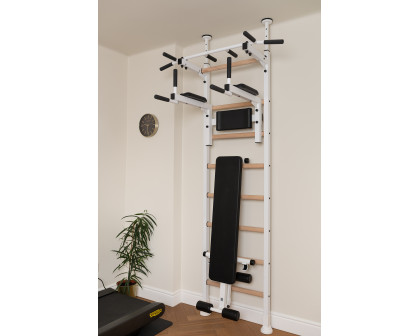 BenchK™ 523W Wall Bar with Pull-Up Bar, Dip Bar and Workout Bench - White/Wood