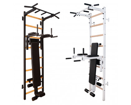 BenchK 223B Wall Bar with Fixed Pull-Up Bar, Dip Bar and Workout Bench - Black/Wood