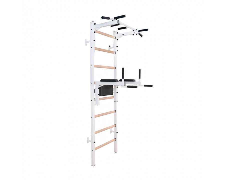 BenchK 222W Wall Bar with Fixed Pull-Up Bar and Dip Bar - White/Wood