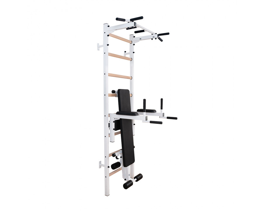 BenchK 223W Wall Bar with Fixed Pull-Up Bar, Dip Bar and Workout Bench - White/Wood