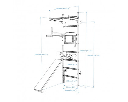 BenchK 223W Wall Bar with Fixed Pull-Up Bar, Dip Bar and Workout Bench - White/Wood