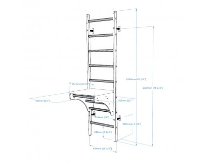 BenchK 212B Wall Bar with Pull-Up Bar and Removable Benchtop - Black/Wood