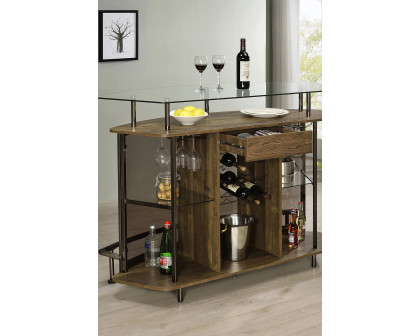 Coaster Crescent Shaped Glass Top Bar Unit with Drawer - Brown Oak