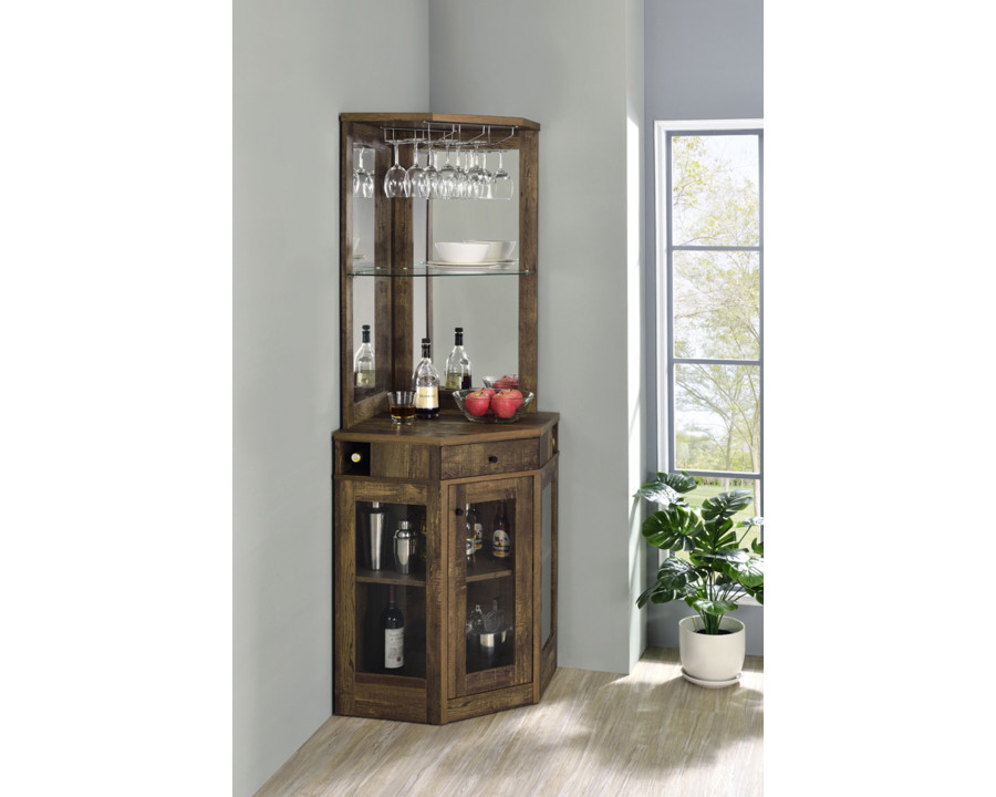 Coaster - Corner Bar Cabinet With Stemware Rack in Rustic Oak