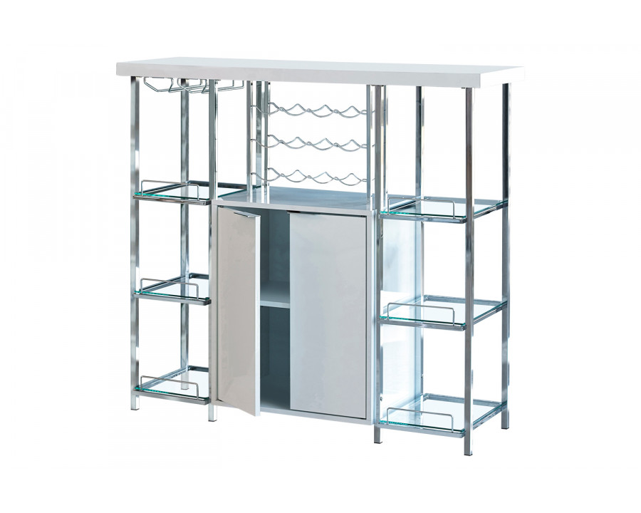 Coaster - 2-Door Bar Cabinet With Glass Shelf in High Glossy White/Chrome