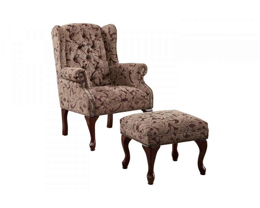 Coaster - Tufted Back Accent Chair And Ottoman in Light Brown/Burgundy