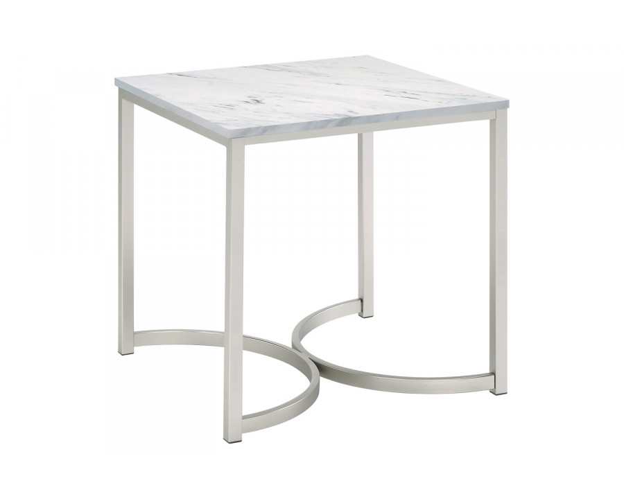 Coaster - Faux Marble Square End Table in White/Satin Nickel